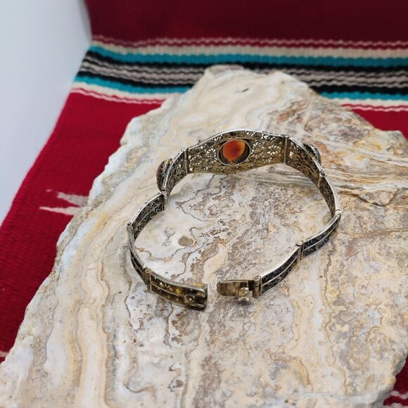 Antique Victorian 800 Silver Filigree Mother of Pearl MOP Cameo Bracelet - Picture 11 of 13